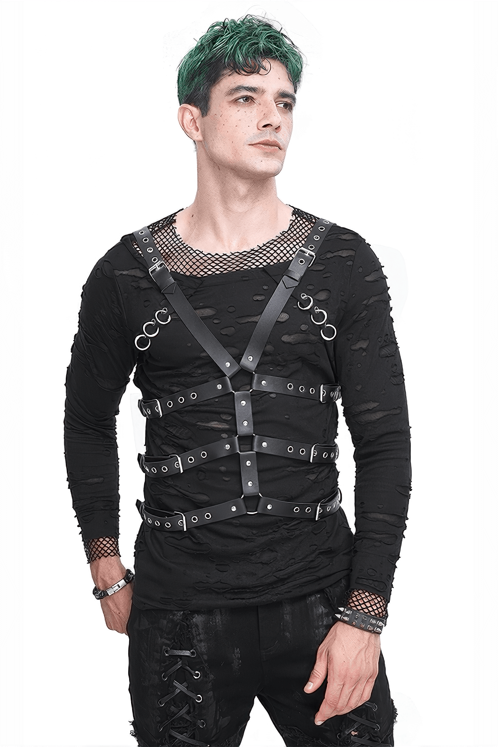 Male model in punk-style multi-buckle PU leather body harness, showcasing bold fashion and edgy aesthetics.