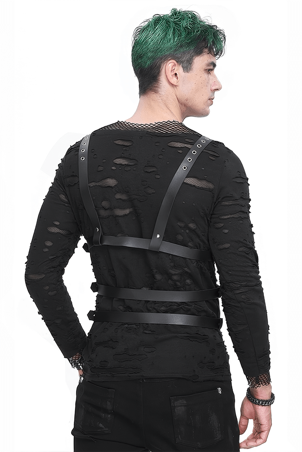 Punk-style male wearing a multi-buckle PU leather body harness over a distressed black shirt.
