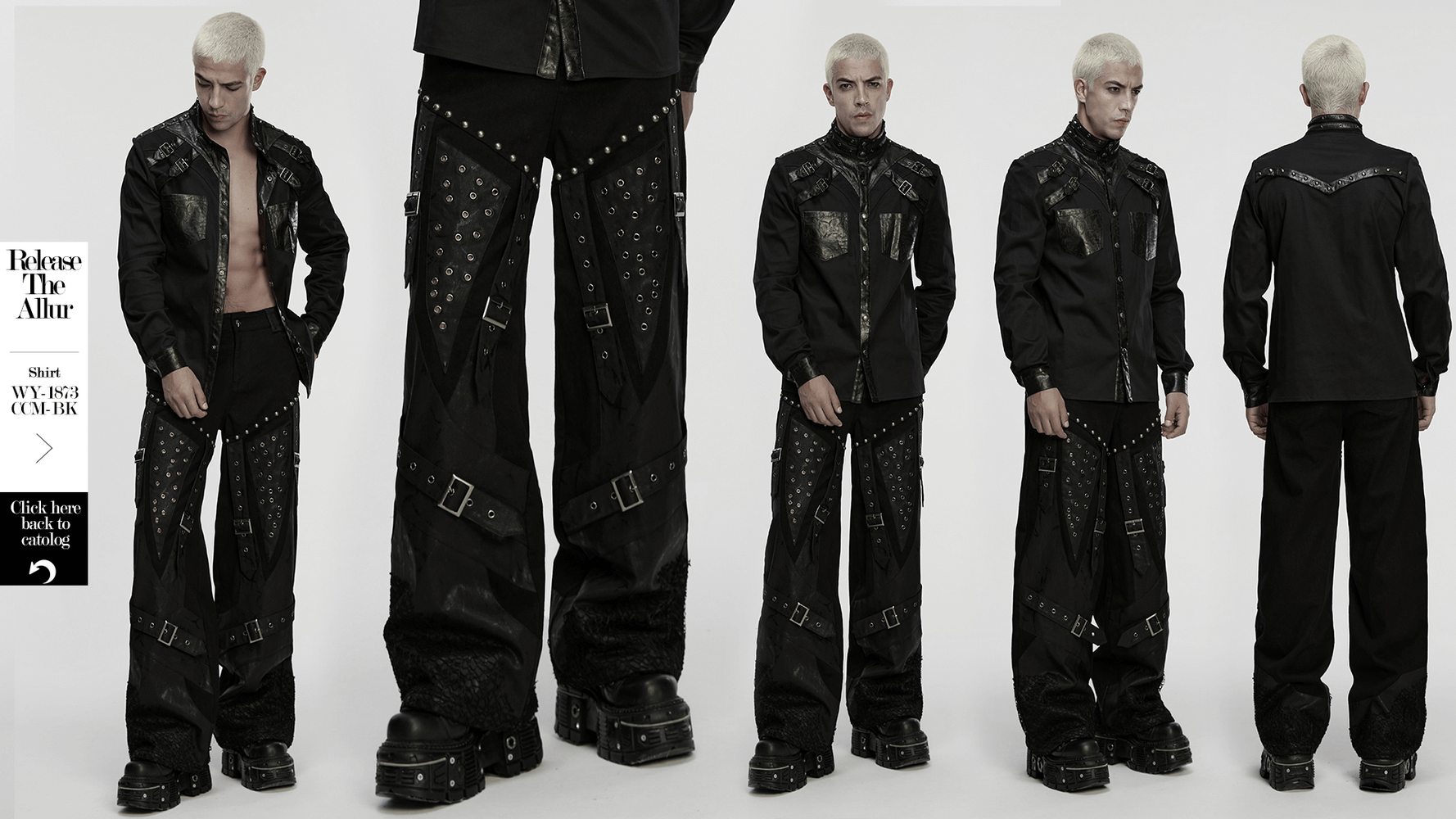 Male Punk Black Pants with Studs and Buckle Straps showcased with edgy style and unique design details.