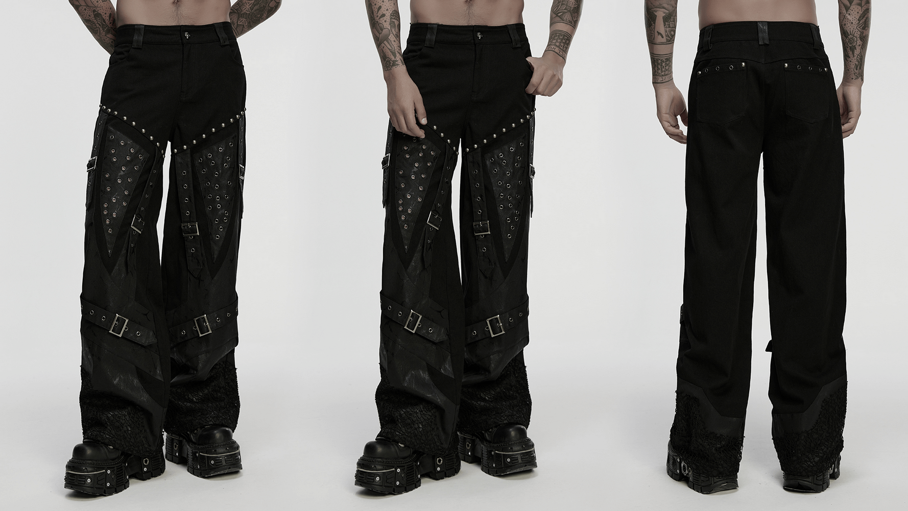 Male Punk Black Pants with Studs and Buckle Straps featuring edgy design and silver studded details.