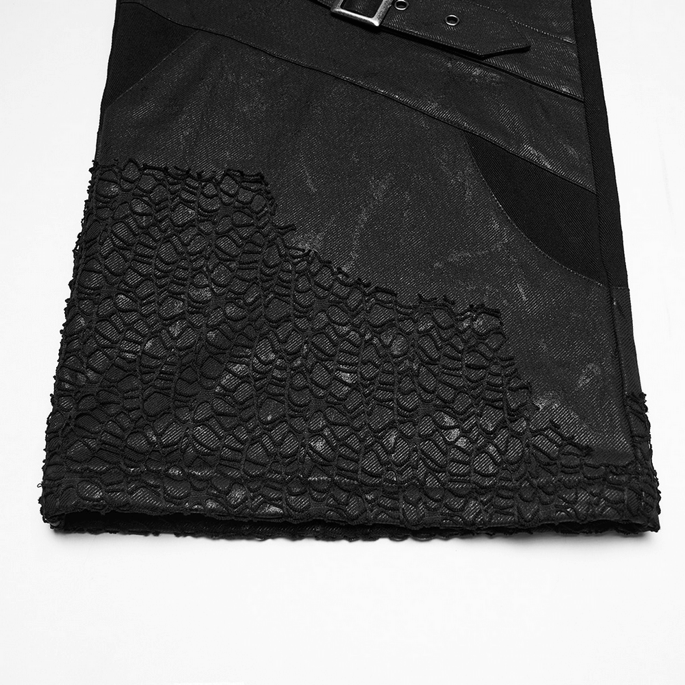 Male Punk Black Pants with Studs and Buckle Straps featuring textured fabric and lace detailing.