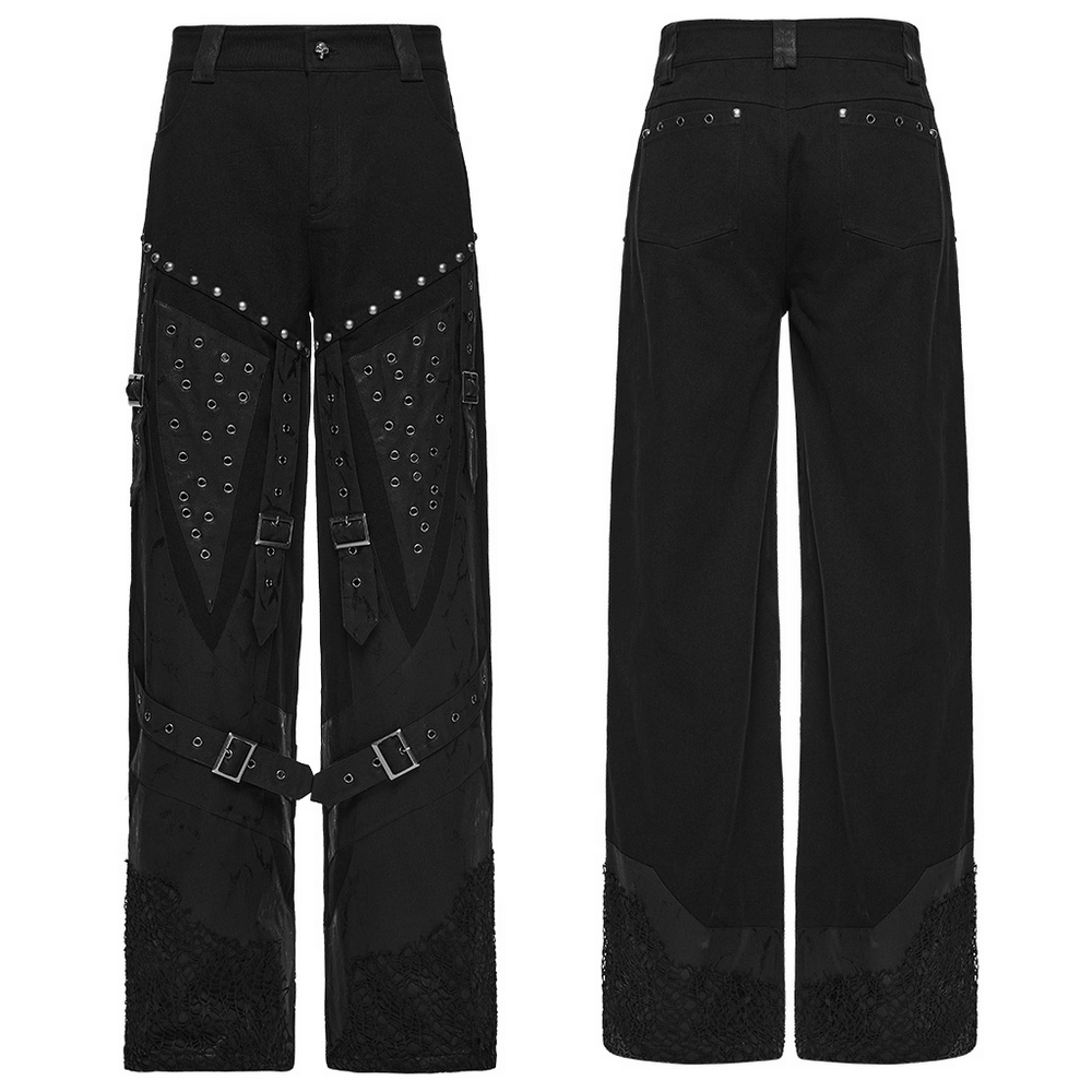 Male Punk Black Pants with Studs and Buckle Straps featuring edgy design and metal accents.