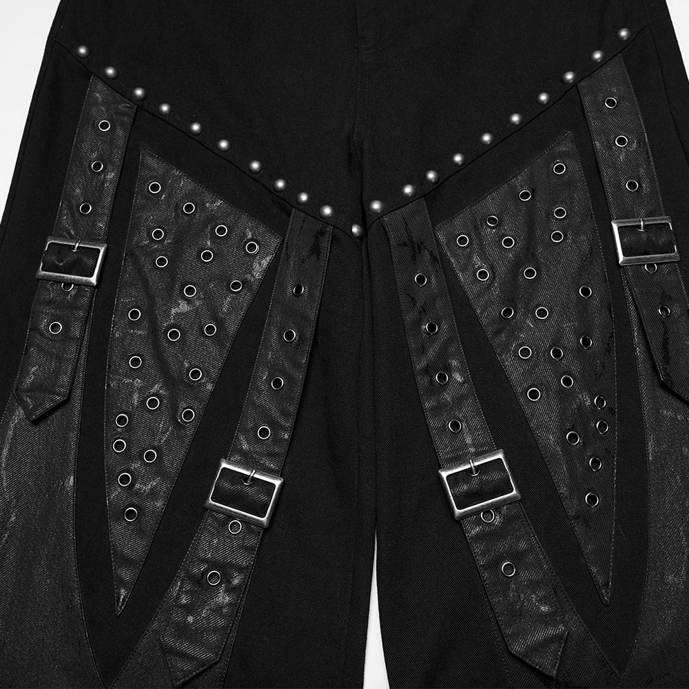 Male Punk Black Pants with Studs and Buckle Straps featuring eyelet details and silver studs.
