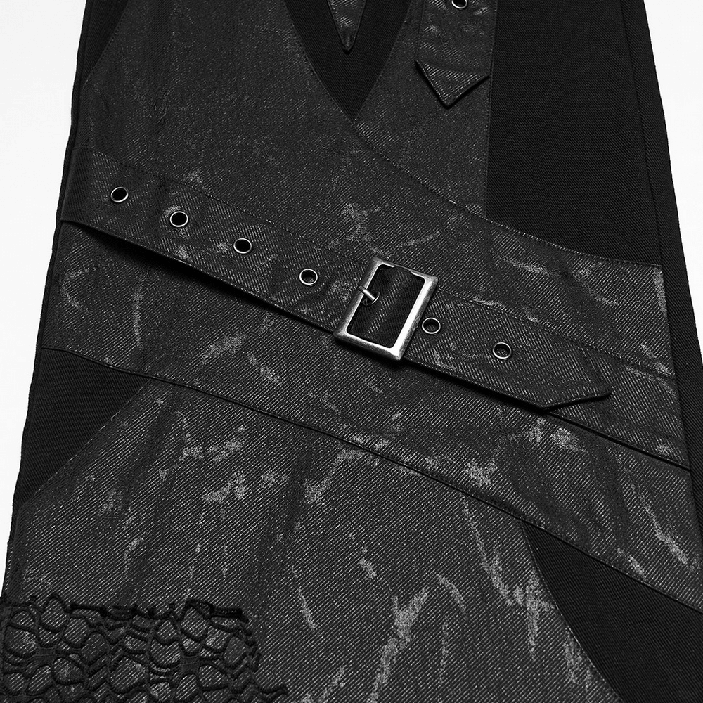 Male Punk Black Pants with Studs and Buckle Straps showcasing metal buckle and textured fabric details.