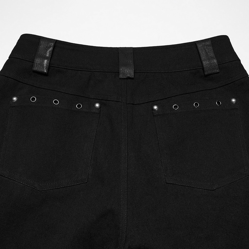 Male Punk Black Pants with Studs and Buckle Straps featuring stylish back pockets and metal details.