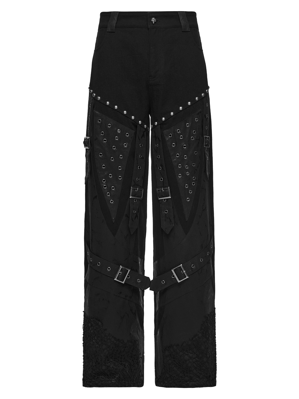 Male Punk Black Pants with Studs and Buckle Straps featuring eyelet details and a rebellious design.