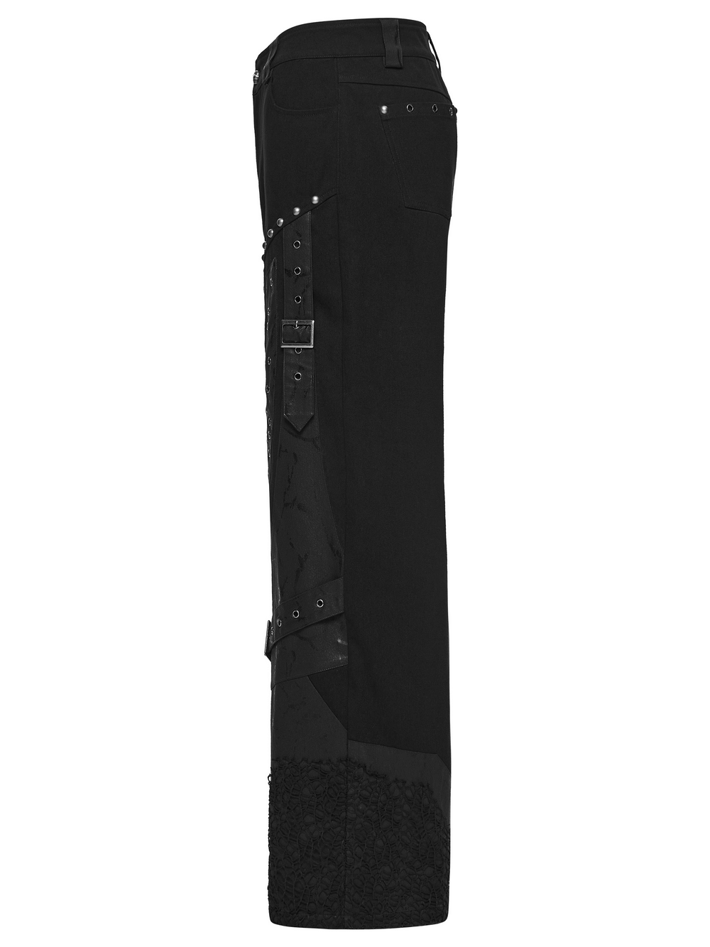 Male Punk Black Pants with Studs and Buckle Straps showcasing edgy style and unique textures.