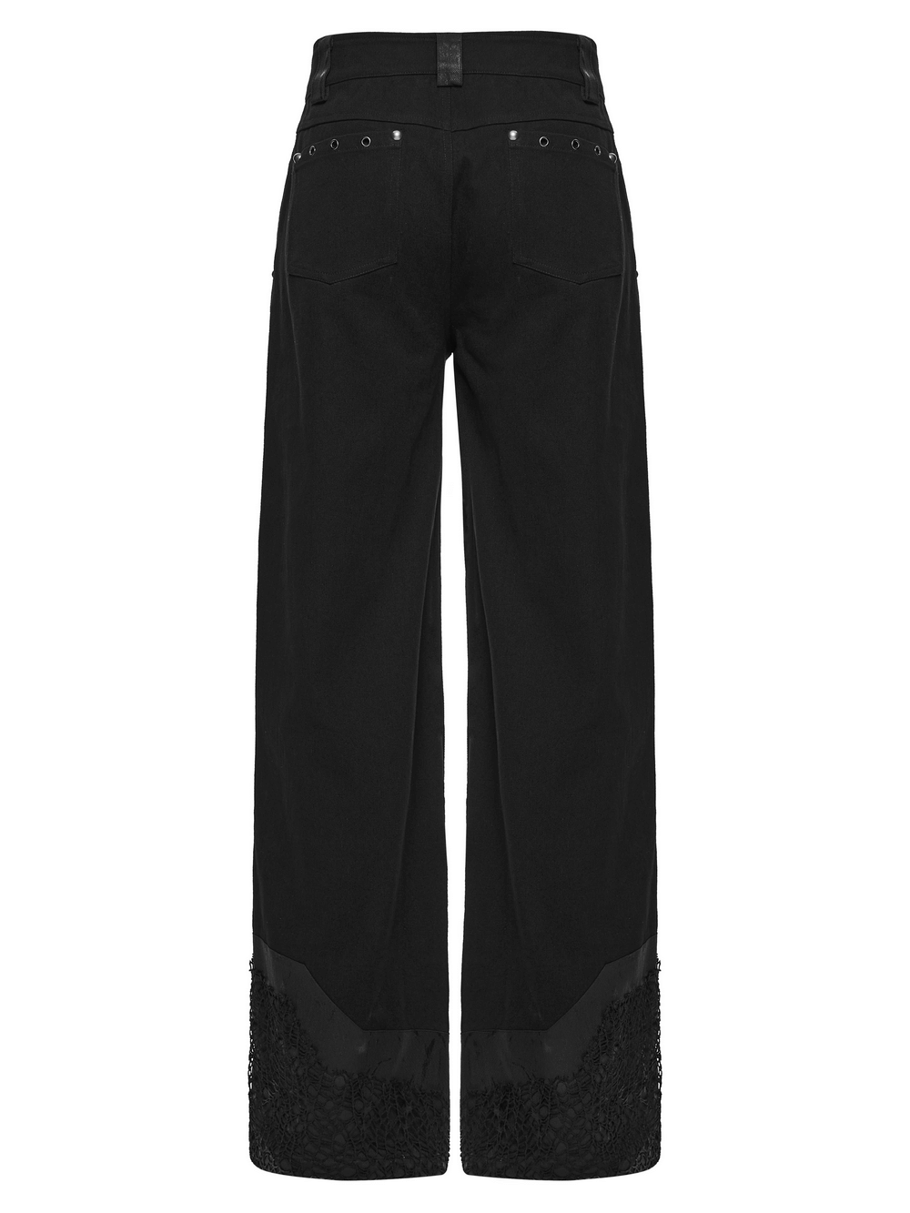 Male Punk Black Pants with Studs and Buckle Straps - Back view showcasing eyelet details and edgy design.