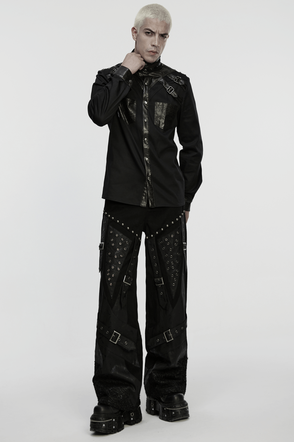 Male Punk Black Pants with Studs and Buckle Straps worn by a model in a stylish punk look.