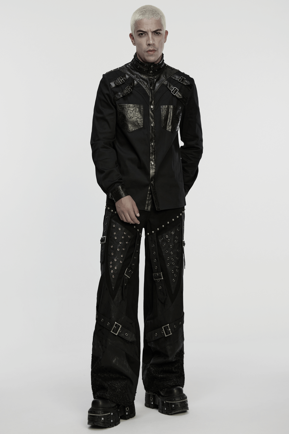 Male Punk Black Pants with Studs and Buckle Straps, showcasing a bold punk rock style with metal details.