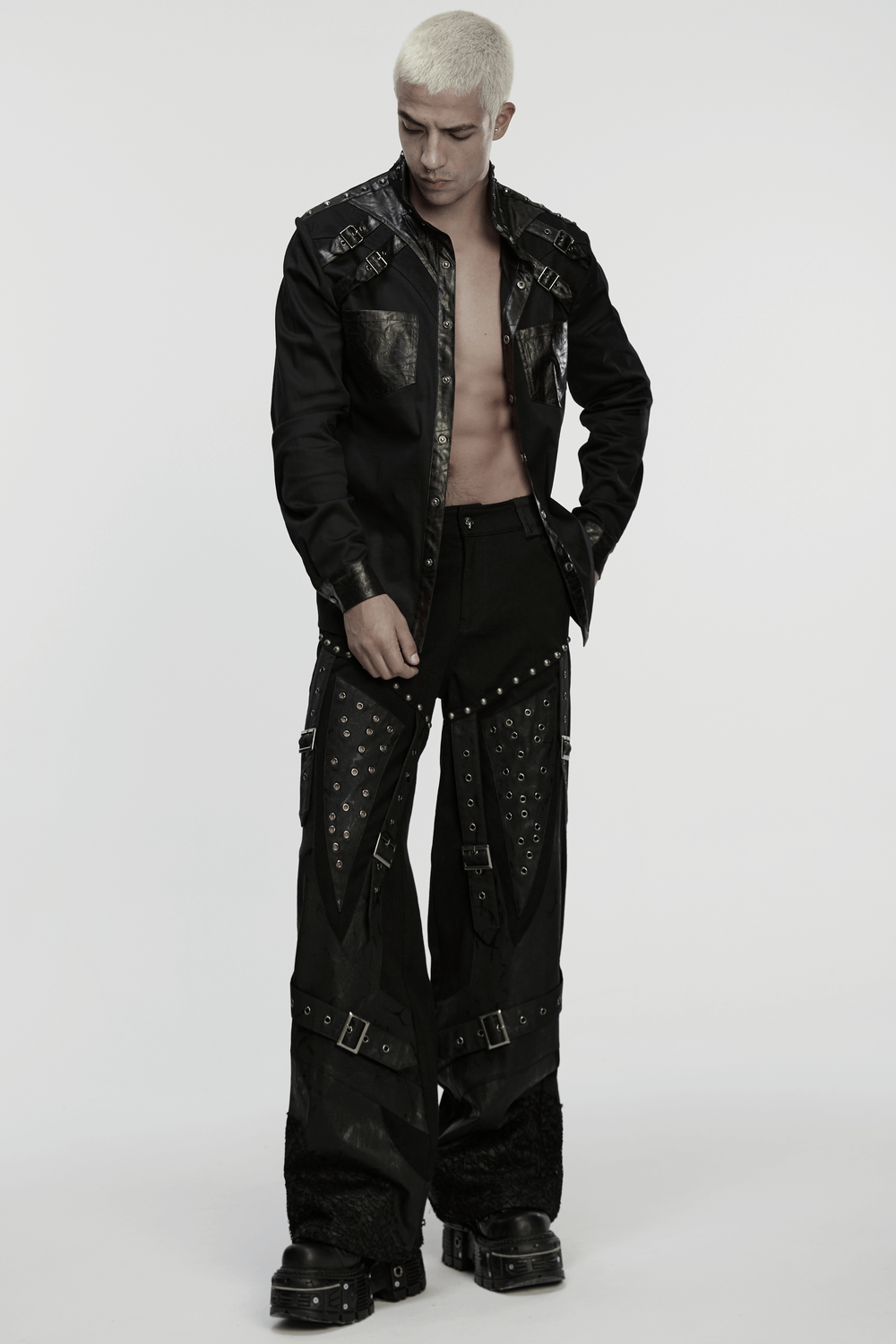 Male Punk Black Pants with Studs and Buckle Straps showcased with metal details and edgy styling.