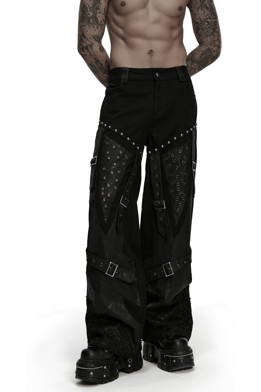 Male Punk Black Pants with Studs and Buckle Straps showcasing bold design and metal details in a rebellious style.