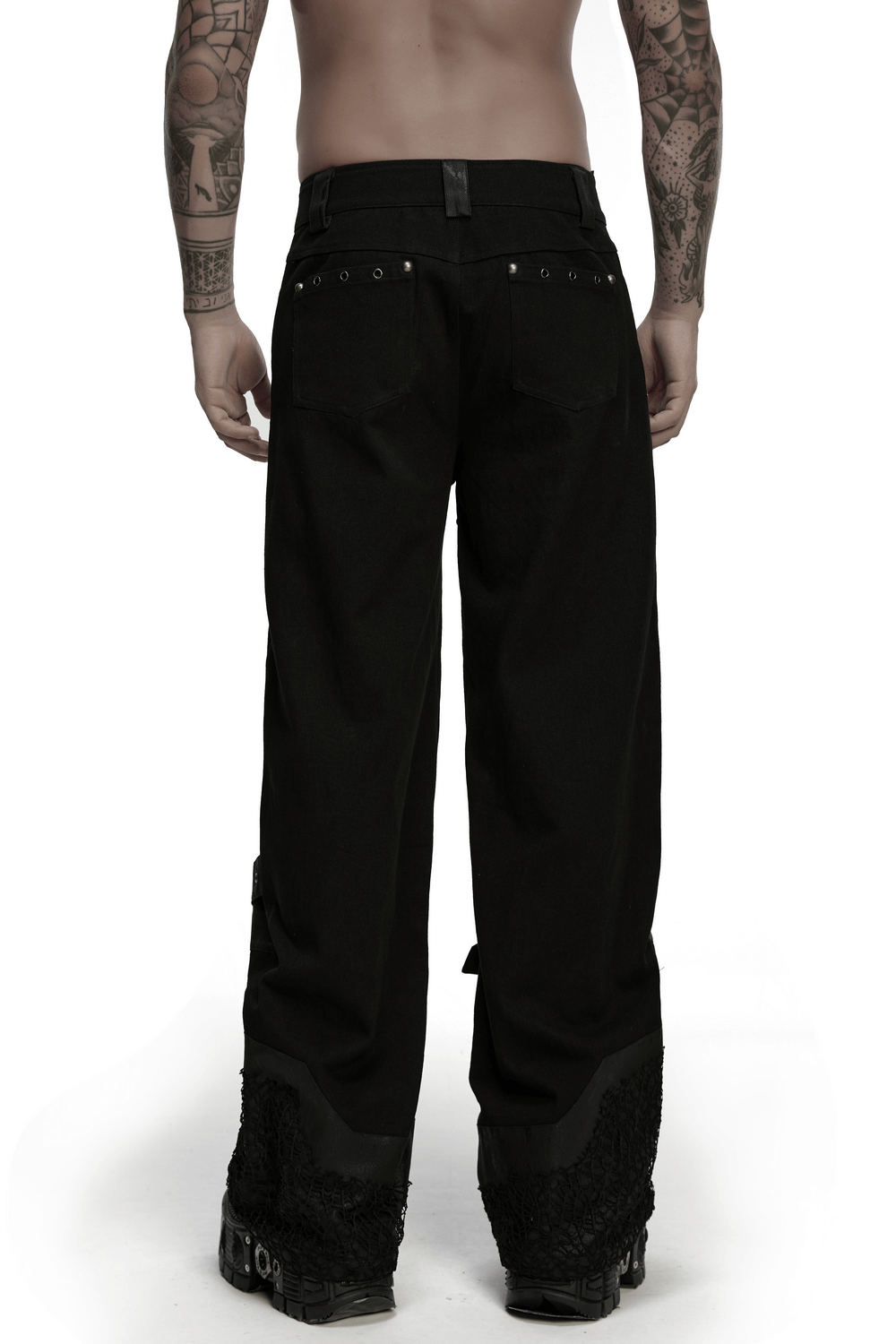 Male Punk Black Pants with Studs and Buckle Straps, showcasing the back view with eyelet straps and unique fabric design.
