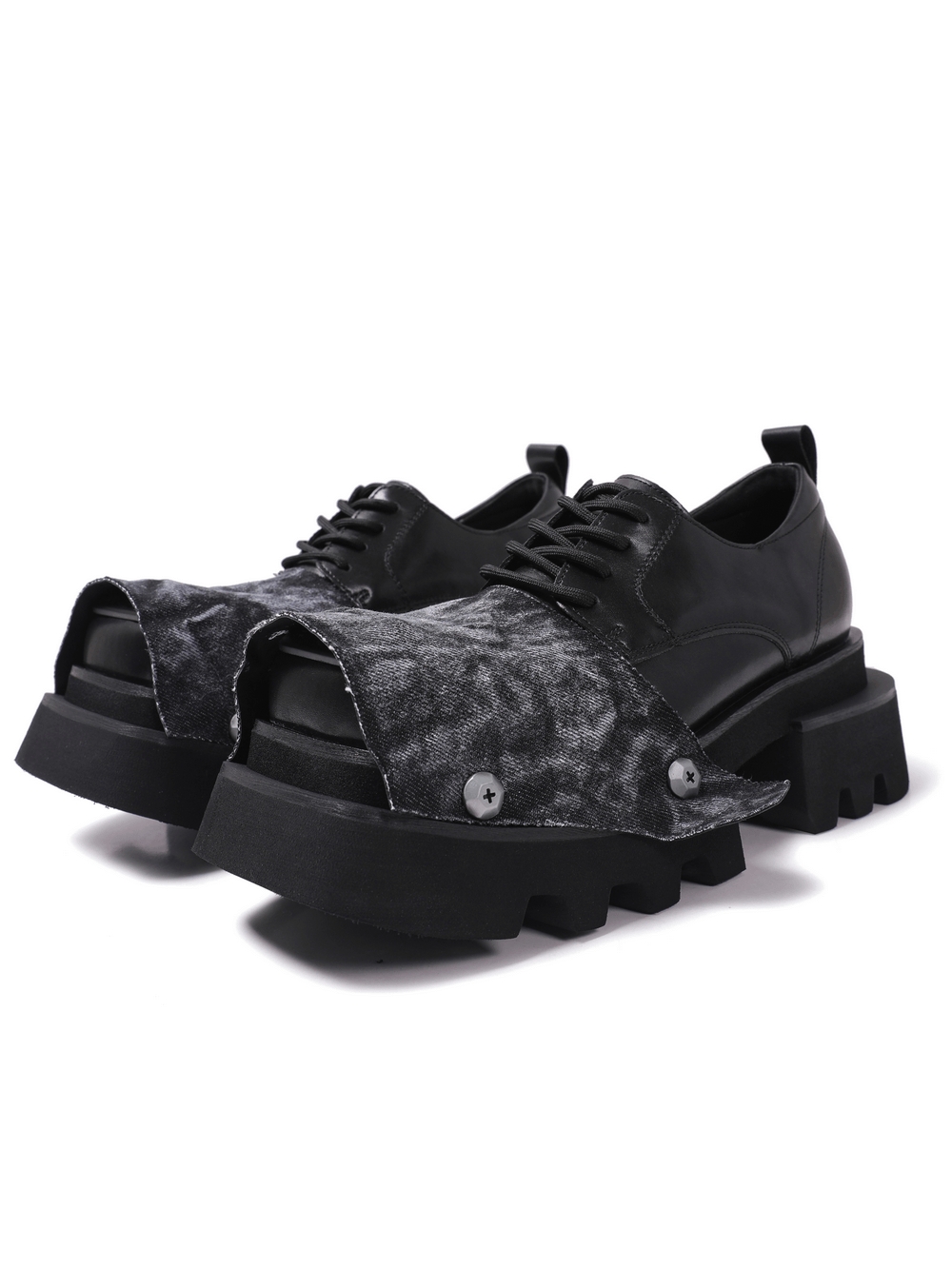 Male Punk Open Toe Platform Shoes with Chunky Lug Soles black lace-up grunge shoes with denim flap detail