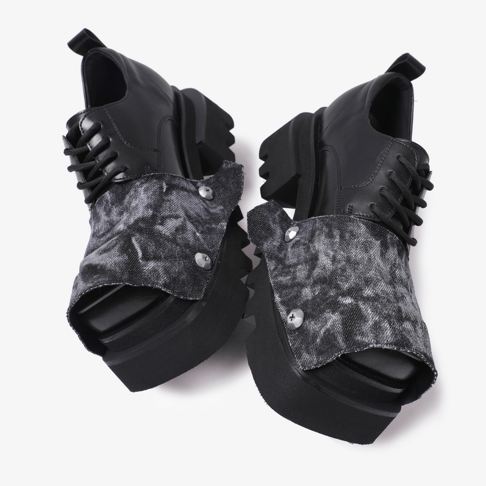 Male Punk Open Toe Platform Shoes with Chunky Lug Soles, black lace-up grunge sandals with denim flap detail and metal accents