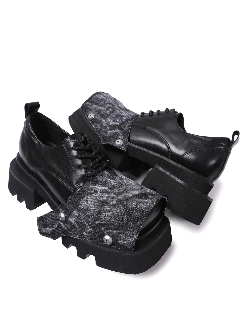 Male Punk Open Toe Platform Shoes with Chunky Lug Soles, black lace-up grunge shoes with denim flap detail