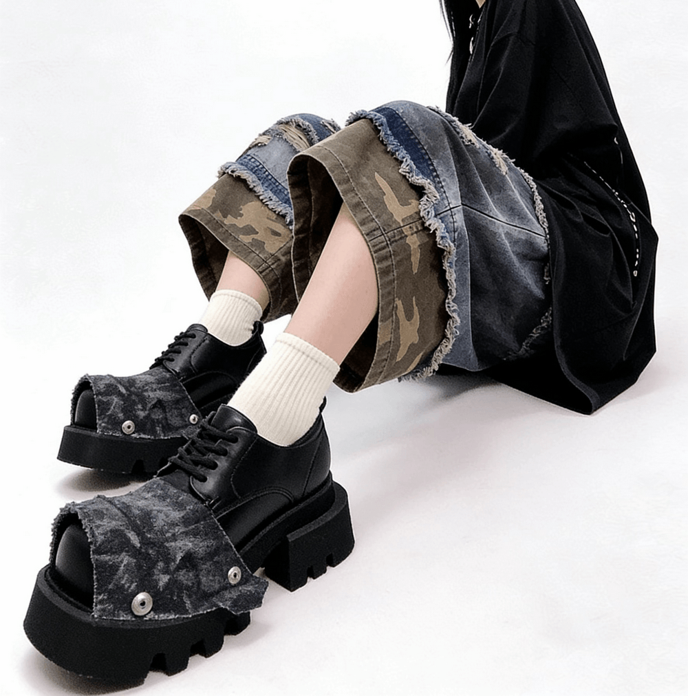 Male Punk Open Toe Platform Shoes with Chunky Lug Soles, black grunge lace-up sandals with denim flap detail