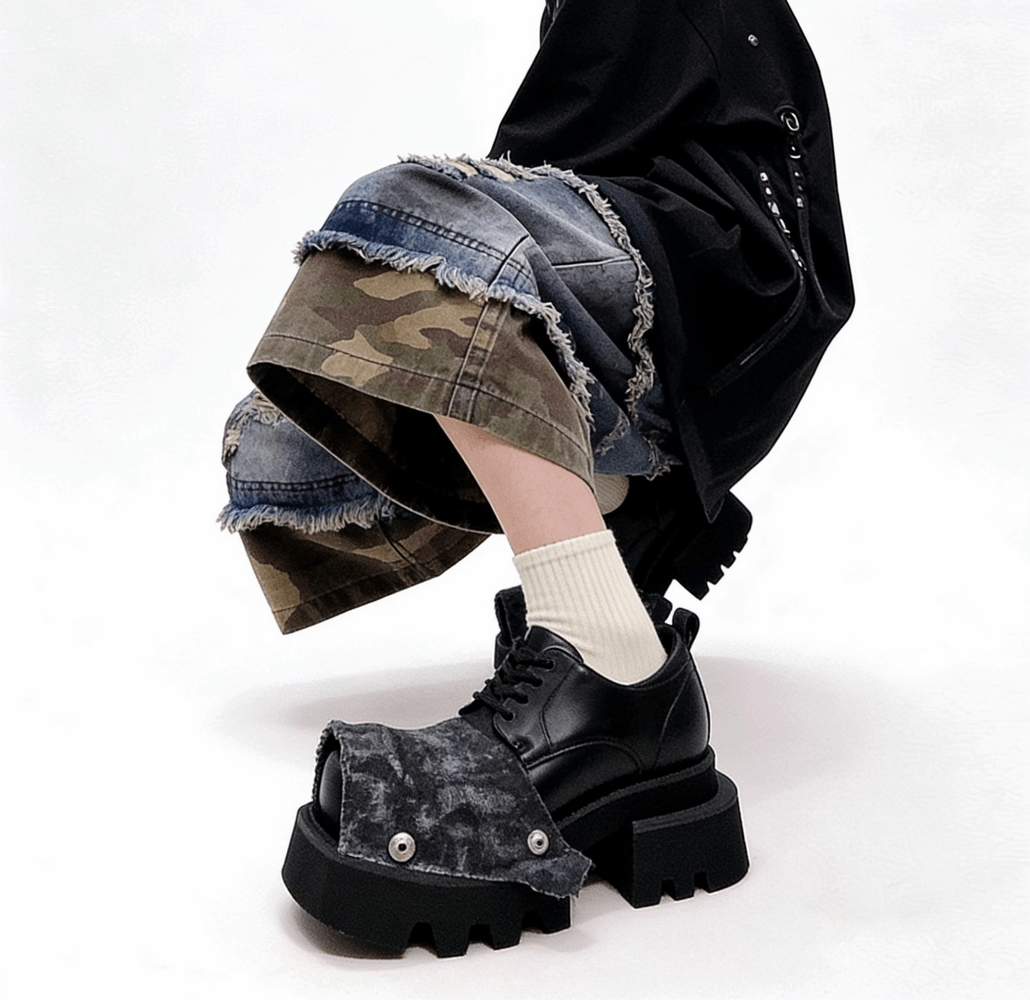 Male Punk Open Toe Platform Shoes with Chunky Lug Soles, grunge lace-up sandals with denim flap detail and black panels