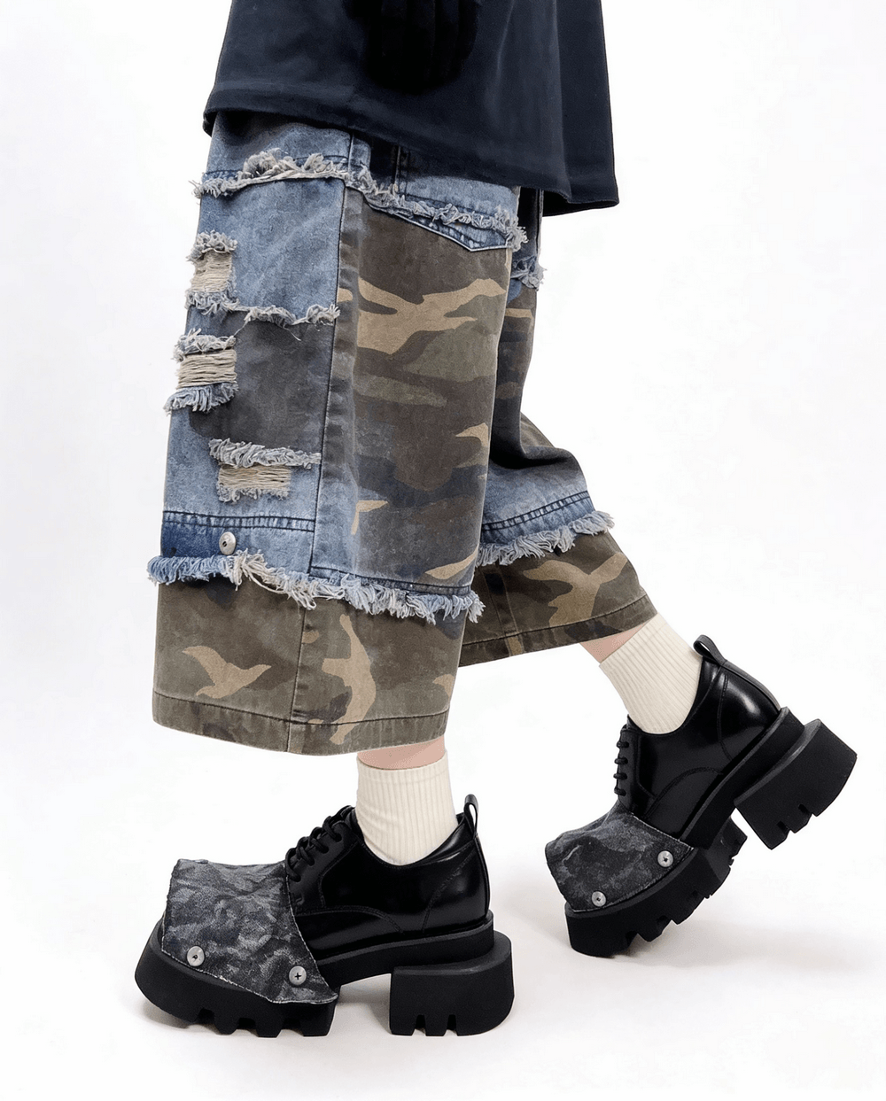Male Punk Open Toe Platform Shoes with Chunky Lug Soles in black, denim flap detail, and industrial screw accents