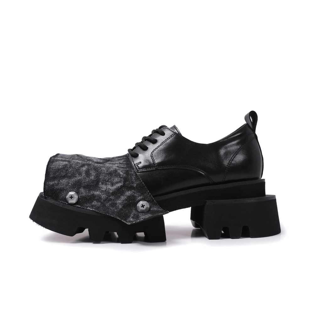Male Punk Open Toe Platform Shoes with Chunky Lug Soles black men's lace-up shoes with denim flap and metal screw accents