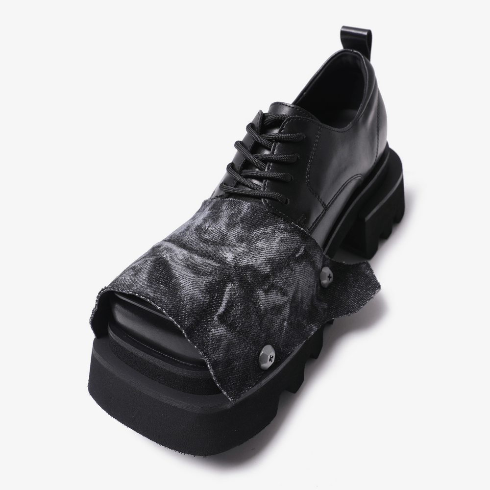 Male Punk Open Toe Platform Shoes with Chunky Lug Soles black lace-up grunge shoe with denim flap and block heel