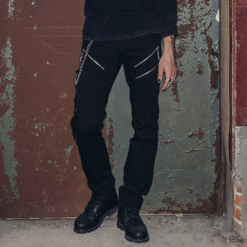 Men's black punk rock straight pants with chain details, perfect for stylish moto outfits.