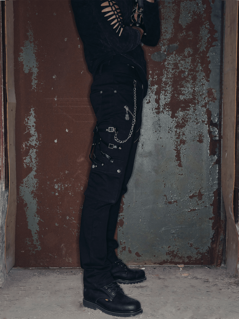 Men's punk rock black long pants with chain, styled with a distressed shirt, showcasing edgy fashion.