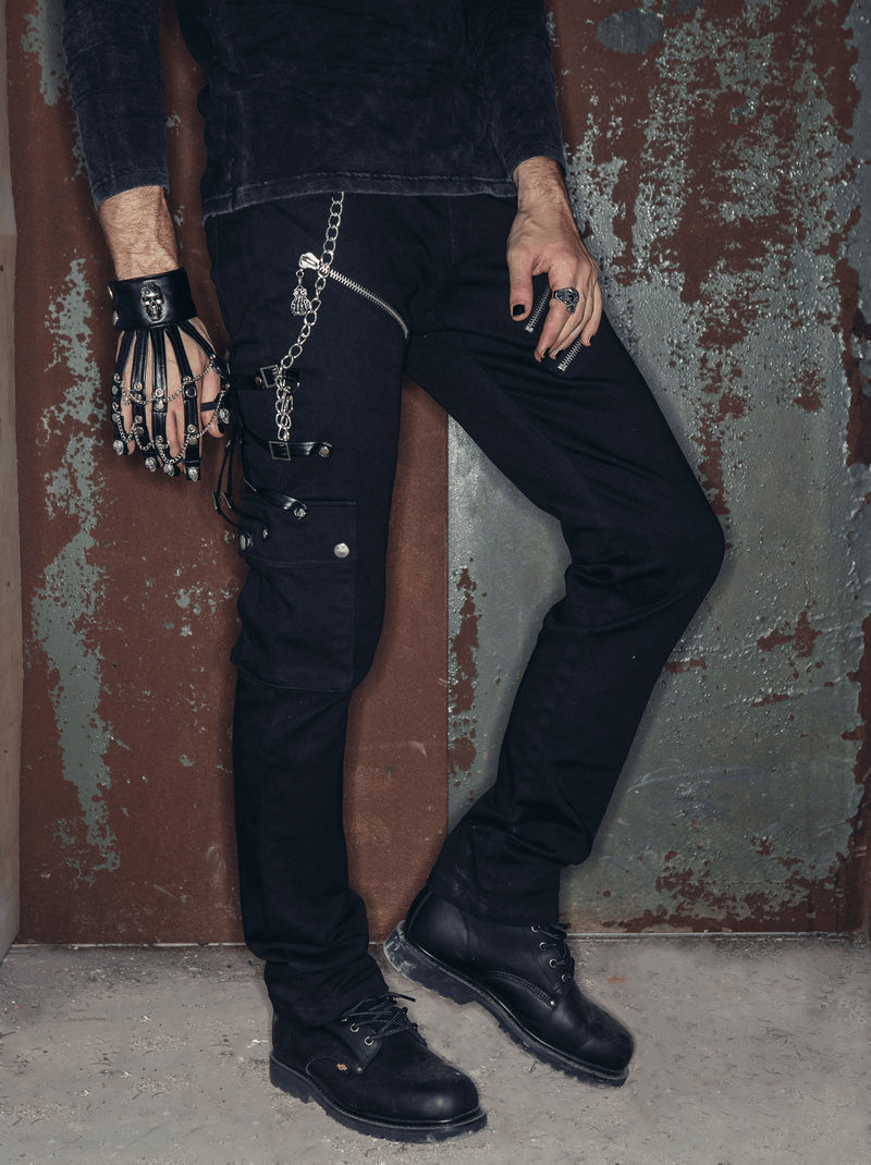 Men's punk rock long black pants with chains, zippers, and stylish gloves for a bold fashion statement.