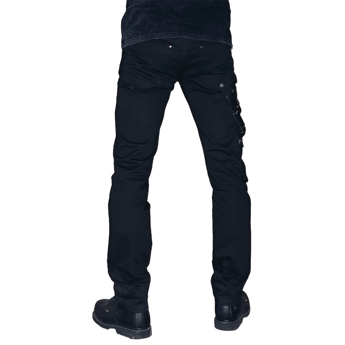 Stylish male model showcasing black punk rock long pants with chain detail and zippers from the back.