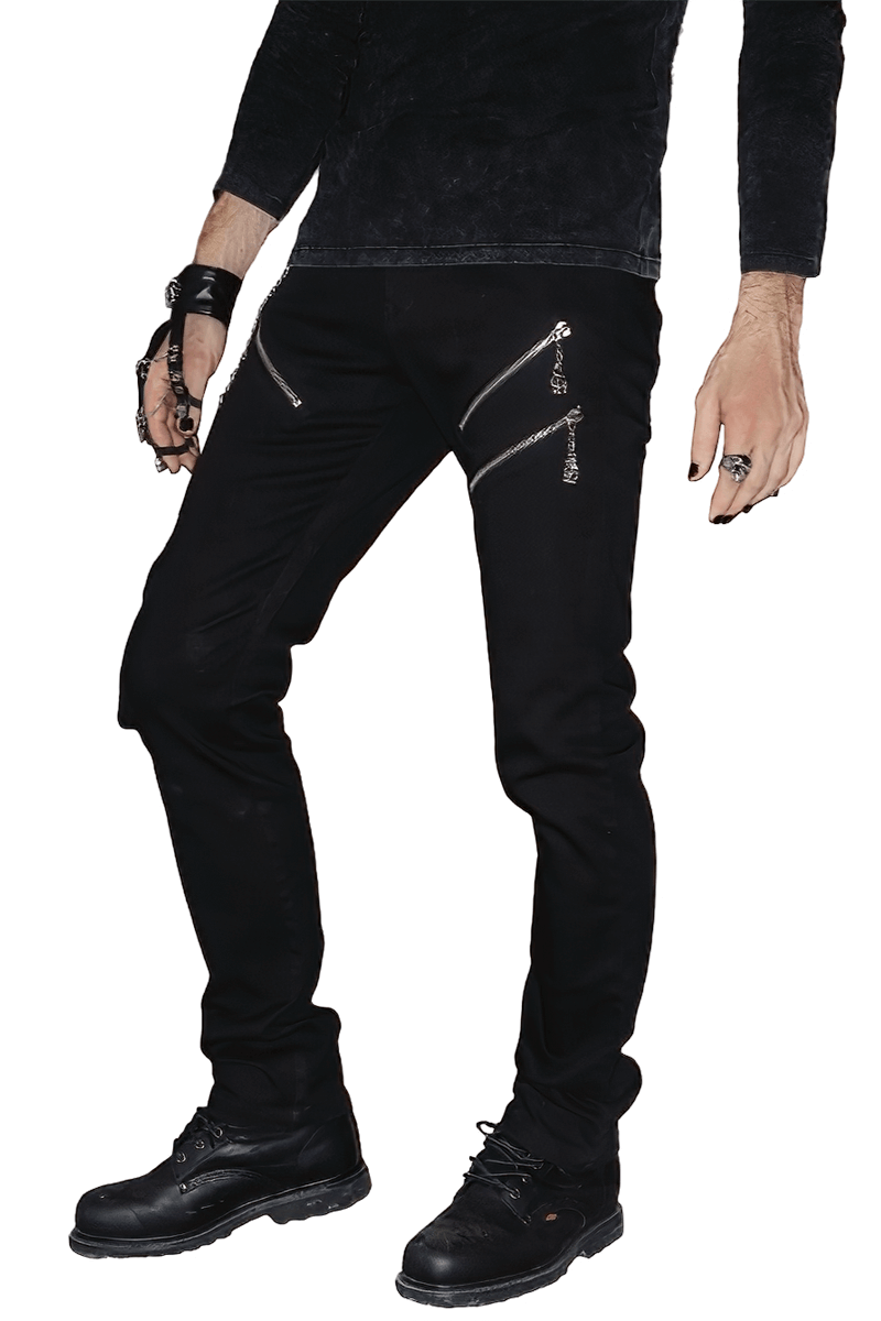 Men's punk rock black pants with zippers and chain detail, perfect for stylish alternative outfits.