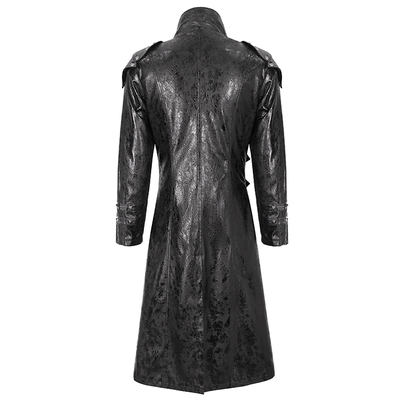 Back view of a men's punk style faux leather coat with stand collar and multi-buckles in sleek black finish.