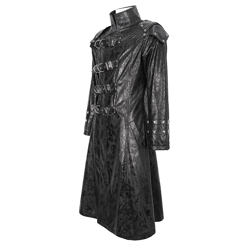 Stylish male punk stand collar faux leather coat with buckles, perfect for a rebellious fashion statement.