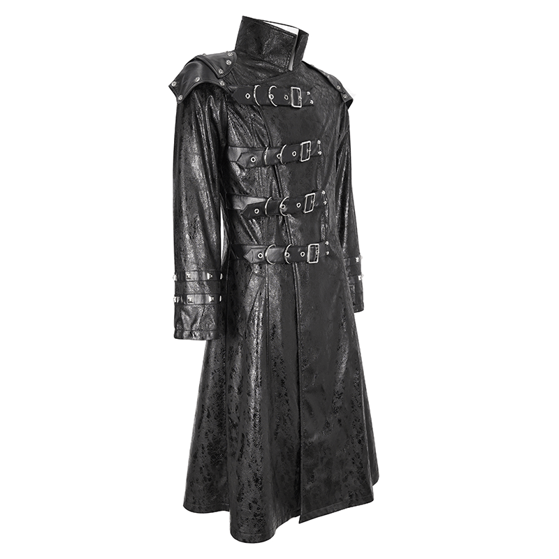 Stylish male punk faux leather coat with stand collar and multi-buckle details for a rebellious edge.