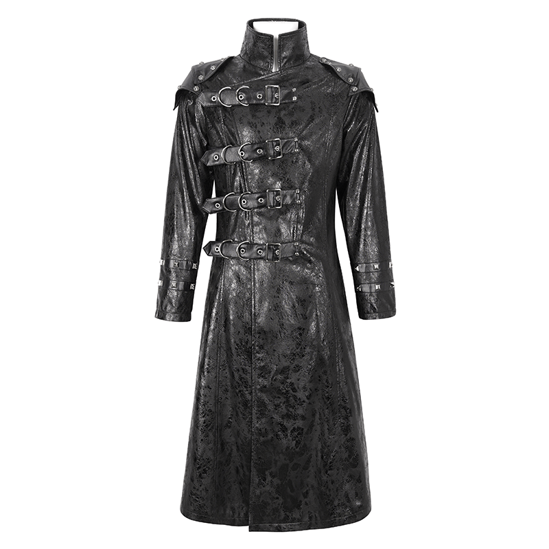 Black faux leather coat with stand collar and multi-buckle detailing, perfect for a punk rock inspired look.