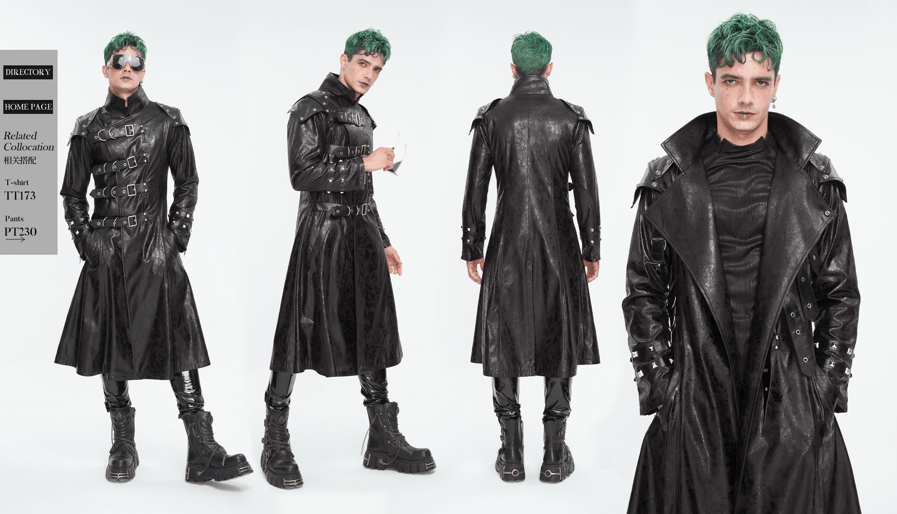 Stylish male model showcasing a punk stand collar multi-buckle faux leather coat in sleek black.