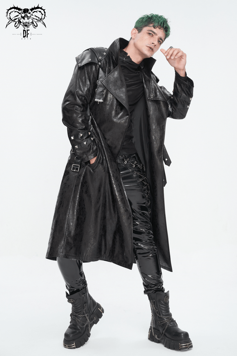 Model showcasing a male punk stand collar multi-buckle faux leather coat, exuding rebellious fashion flair.