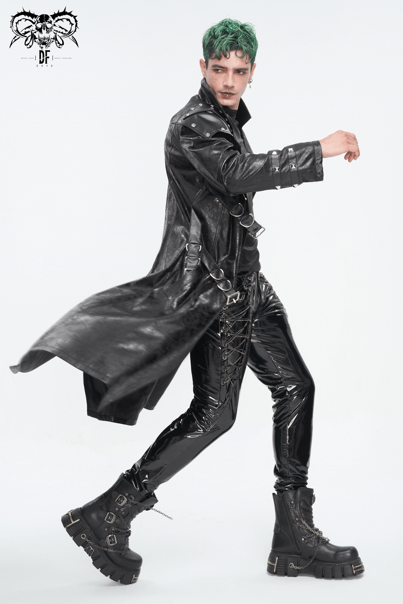 Male model in a punk style faux leather coat with buckles, creating a rebellious fashion statement.