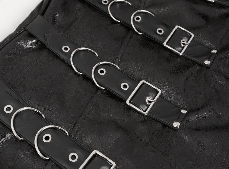 Close-up of buckles on a male punk faux leather coat, showcasing edgy design and bold details.