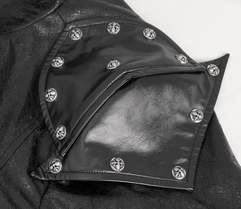Close-up of embellishments on a male punk faux leather coat featuring silver snaps and a unique design.