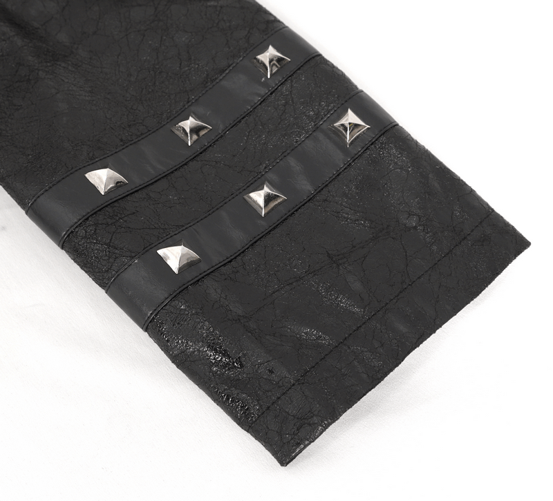 Close-up of the sleeve of a men's punk faux leather coat featuring bold studded embellishments.