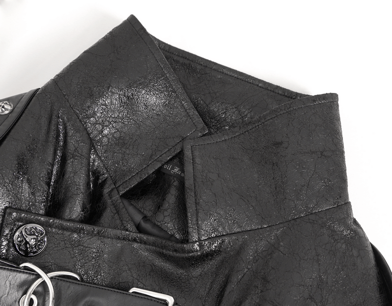 Close-up of a stand collar on a black punk style faux leather coat with bold buckle details.