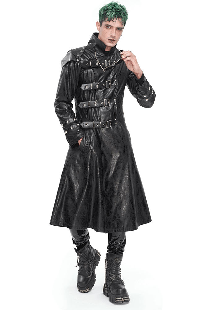 Male Punk Stand Collar Multi-buckle Faux Leather Coat