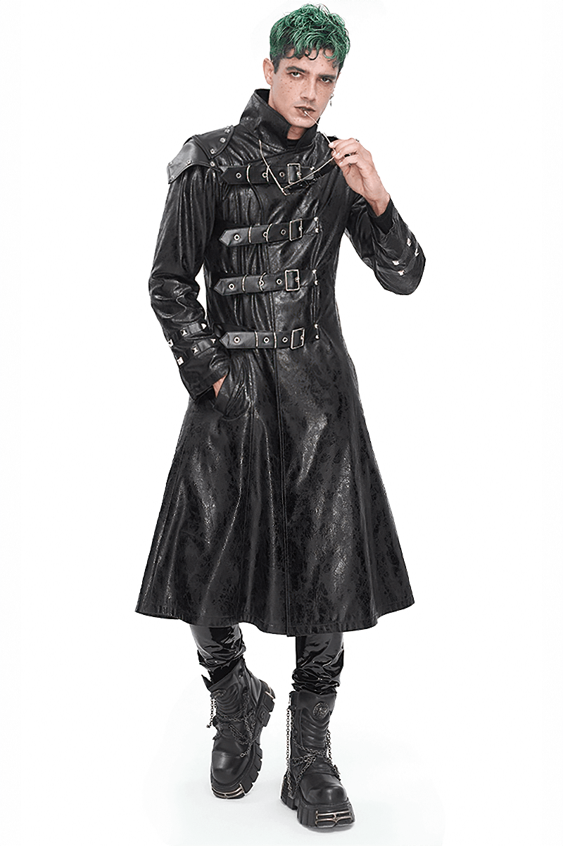 Male punk faux leather coat featuring stand collar and multi-buckle details for a bold, rebellious look.