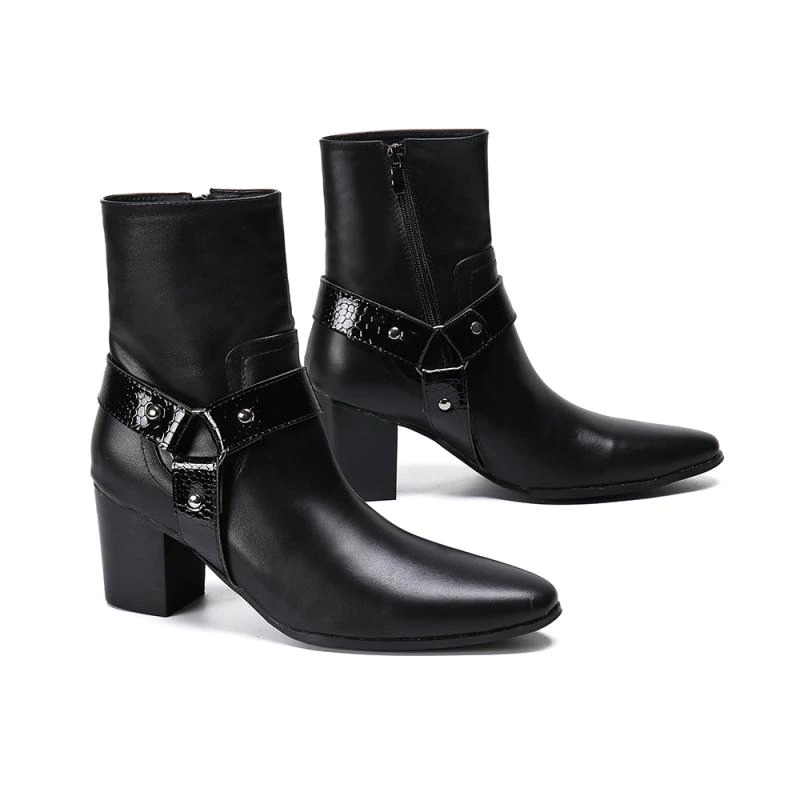 Stylish male ankle boots with pointed toe and metal decoration, featuring a zip and high heel.