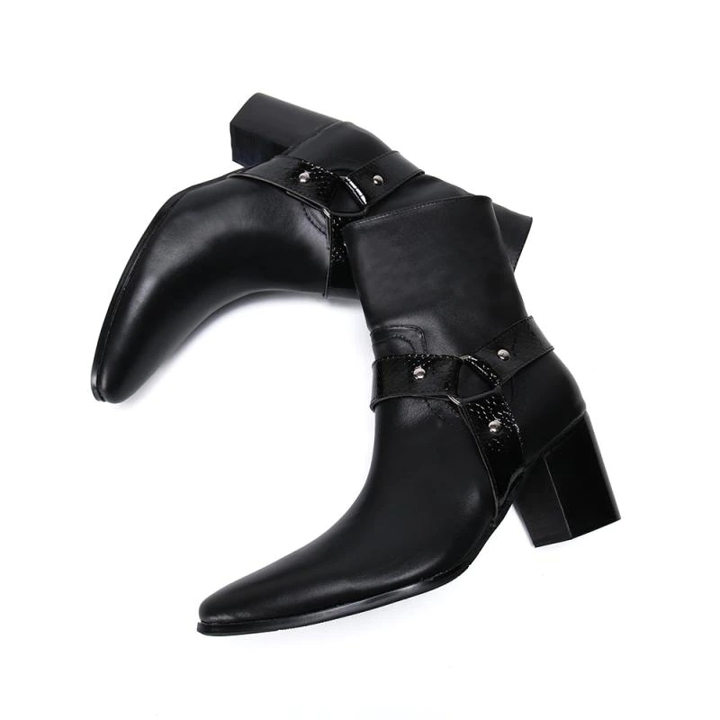 Stylish men's black leather ankle boots with pointed toe and decorative strap detail.
