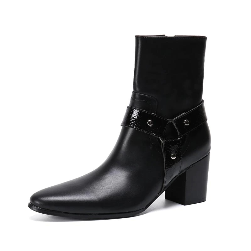 Stylish male black leather ankle boots with high heel and metal decoration for a fashionable look.