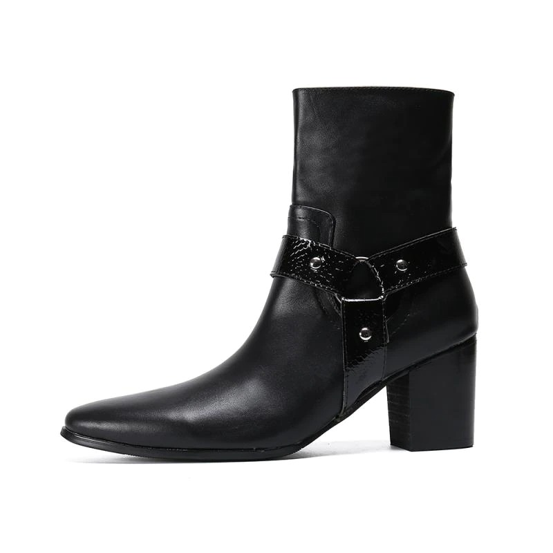 Stylish male real leather ankle boots with high heels and metal decoration, perfect for fashion-forward outfits.