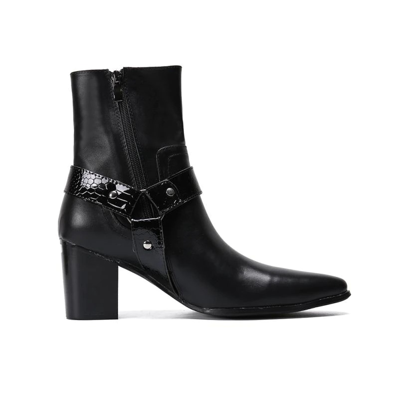 Stylish black leather ankle boots for men with pointed toe and zip, featuring a chic metal decoration and high heel.