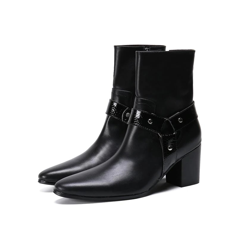 Stylish men's black leather ankle boots with high heel and metal decoration for modern fashion looks.