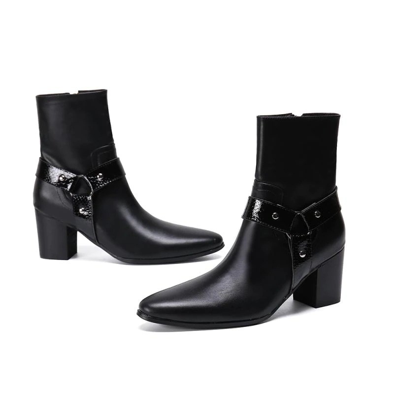 Stylish male real leather ankle boots with pointed toe and decorative strap, perfect for fashionable occasions.
